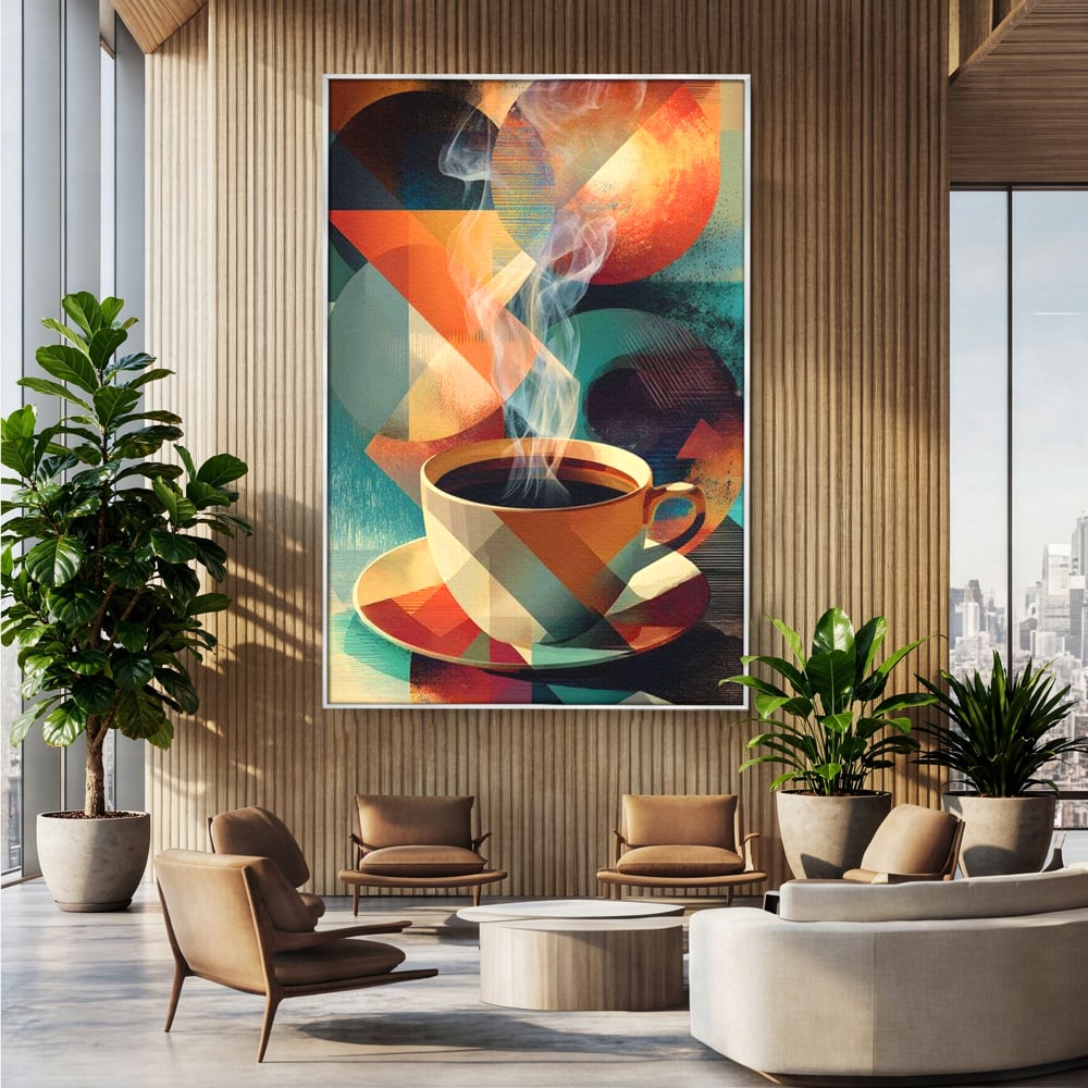 Tablou canvas cu ilustratie abstracta cu ceasca de cafea, in rama de aluminiu argintiu, pe perete intr-un birou